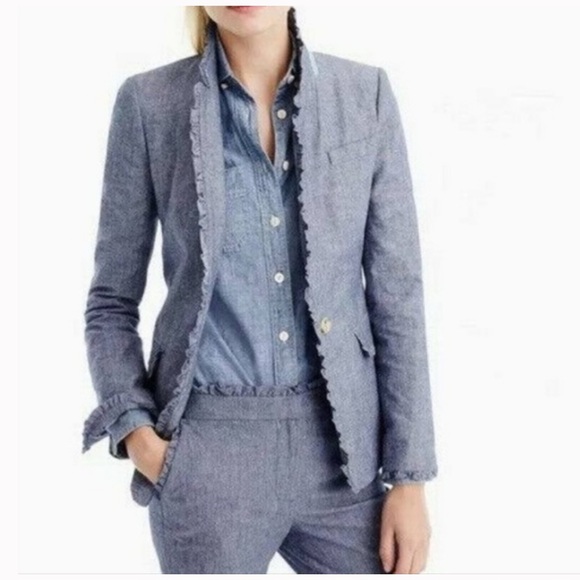 J. Crew Regent Blazer in Blue Chambray Ruffle - Picture 2 of 10